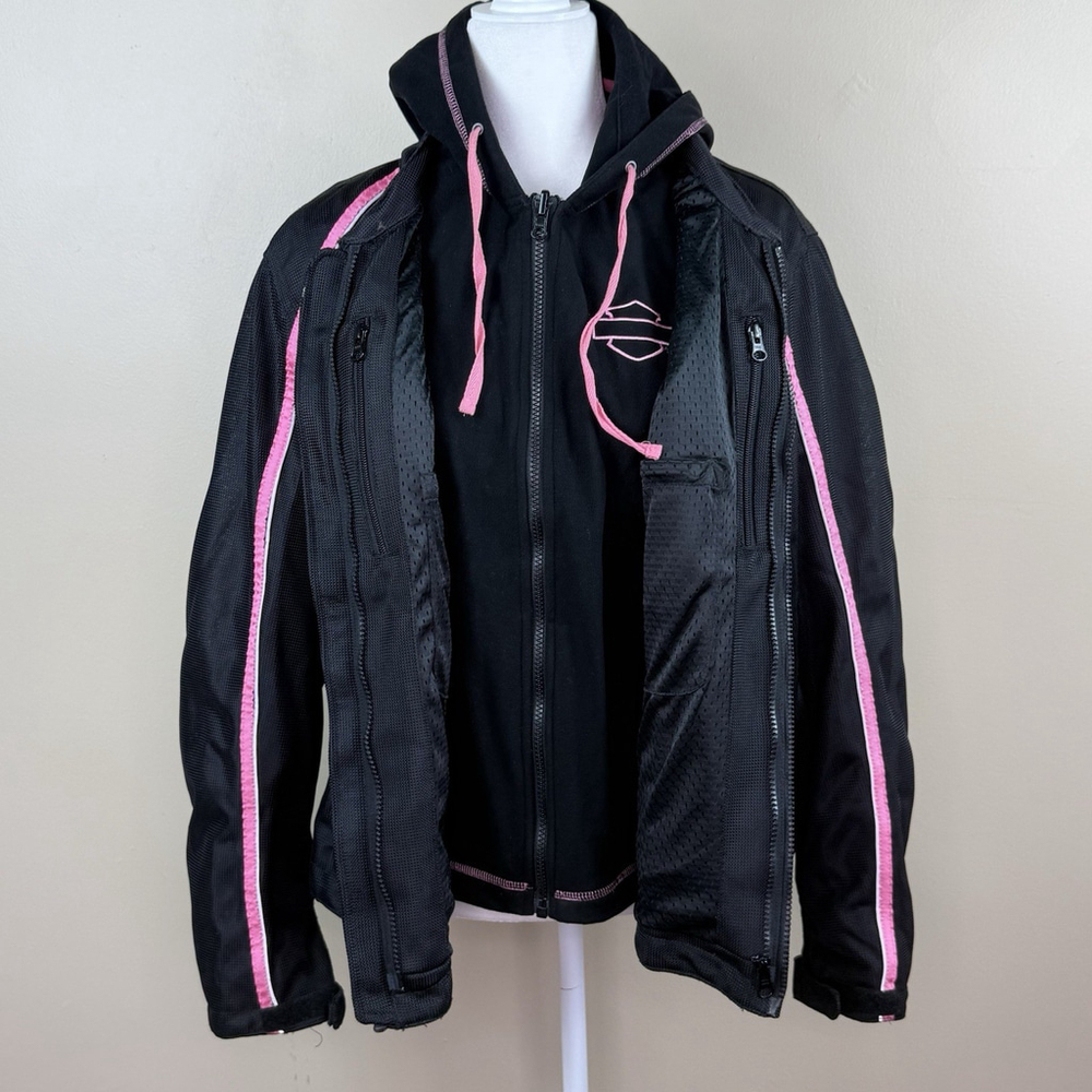 HARLEY Women's 1W Black Mesh Biker Jacket 3-in-1 Style Pink Jewels Plus 18/20 - Picture 4 of 13